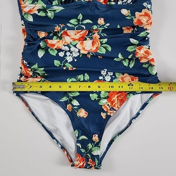 Beachsissi Women's One Piece Halter Neck Cross Front Blue Floral Swimsuit Size M - Picture 10 of 11
